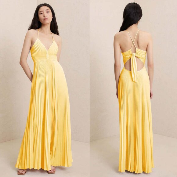 A.L.C. Aries Yellow Accordion Pleated Satin Cut Out Open Back Maxi Dress Gown 2 - Picture 2 of 14